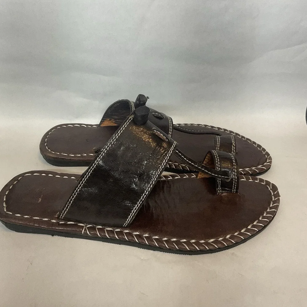 Men's Brown Leather Flip Flop Sandals size 10-10,5 Handmade Vibram Artisan Style